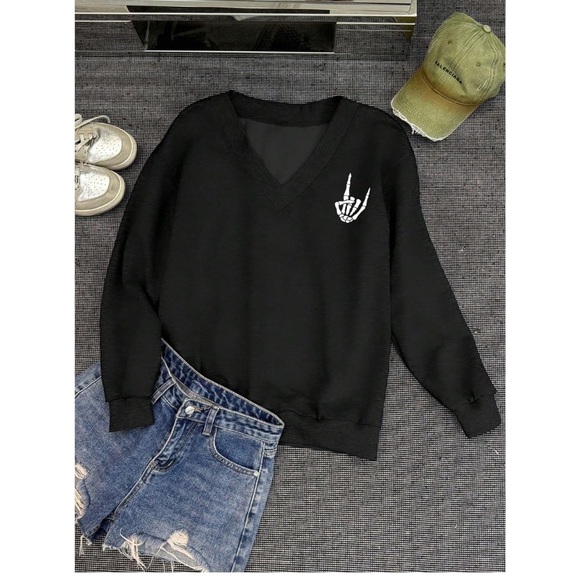 🌹🆕 Y2K Fleece Sweatshirt V-Neck Skeleton Hand Design XS - Picture 3 of 6